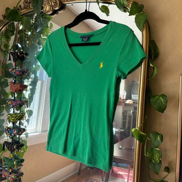 Vintage Ralph Lauren Green V-Neck T-Shirt Women’s Size Small - Picture 3 of 6